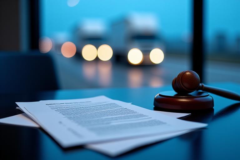 Legal documents on a modern desk with a logistics backdrop
