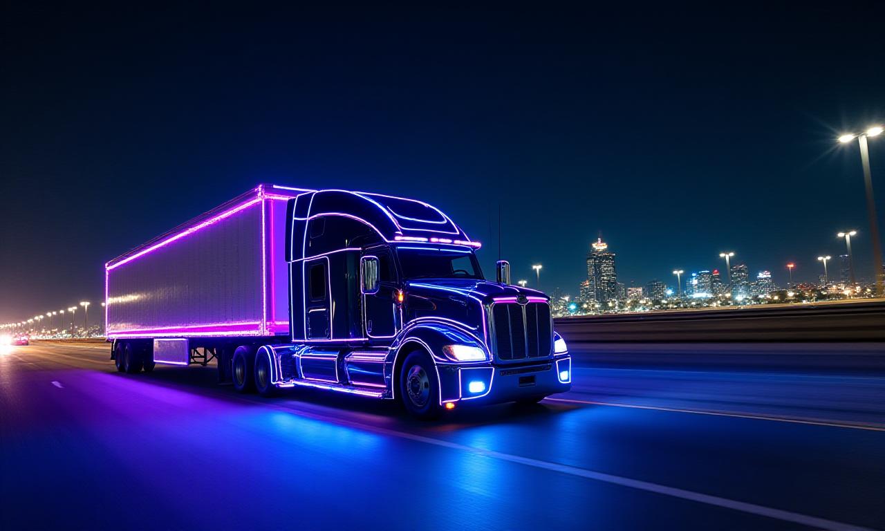 Modern semi-truck with neon accents driving through Houston at night